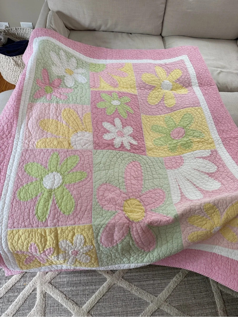 Pastel Floral Patchwork Quilt - Pink, Yellow & Green